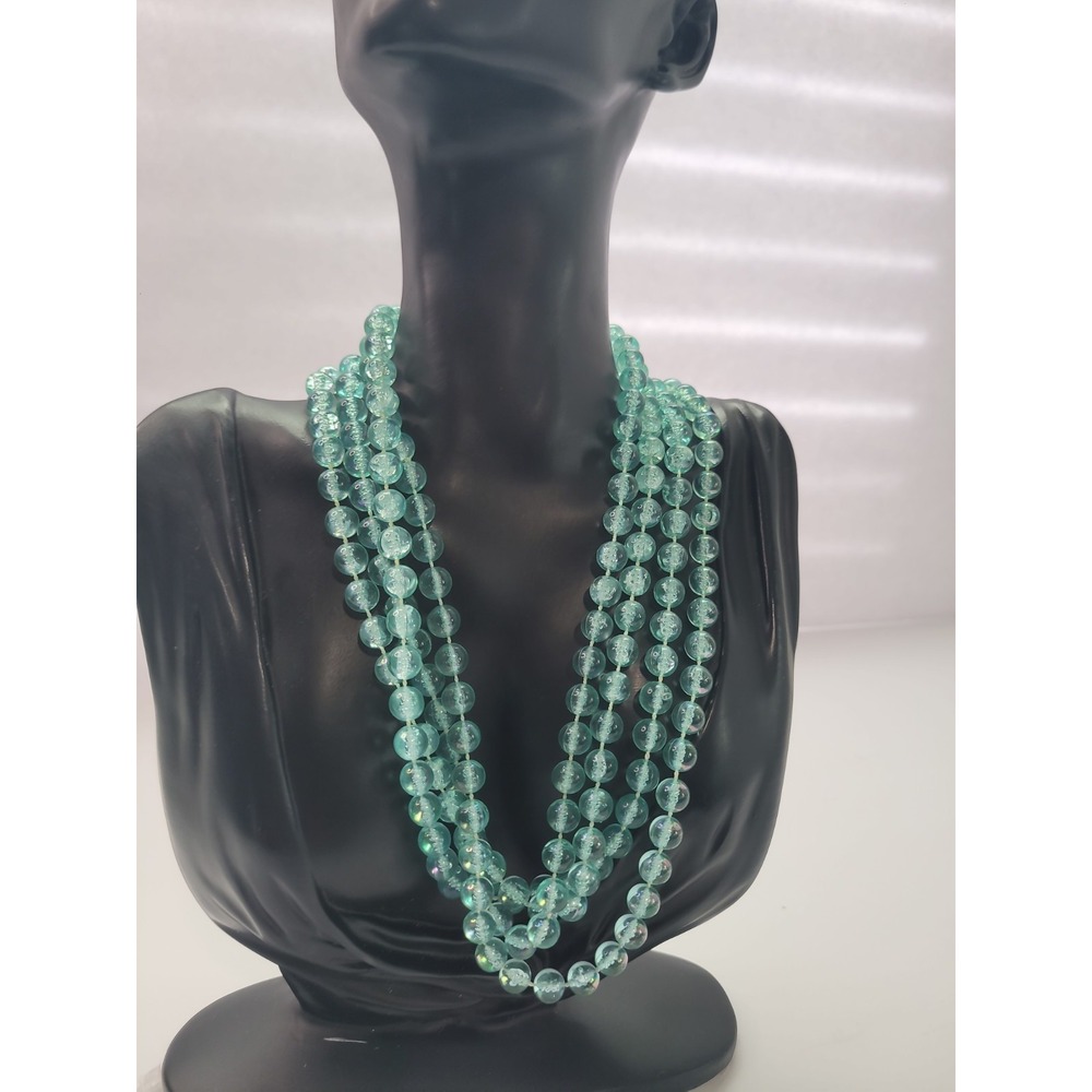 Aqua Blue Beaded Long Opera Necklace Translucent Round Beads Layering Boho